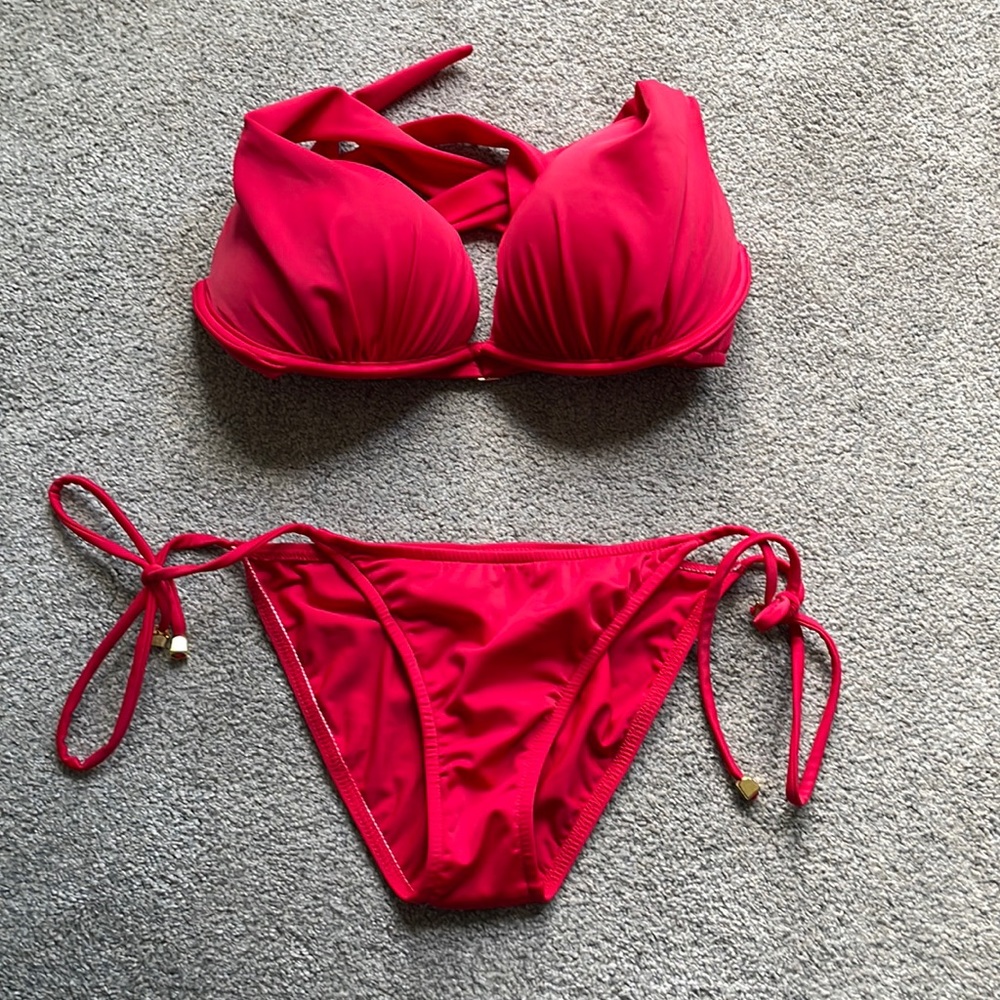 Venus red with gold clasp bikini with string ties.